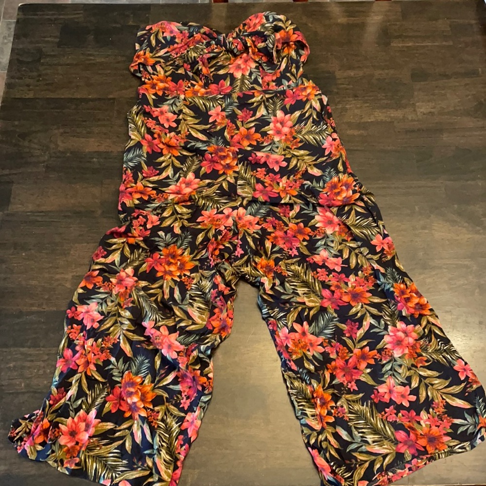 Cropped navy and floral jumpsuit
